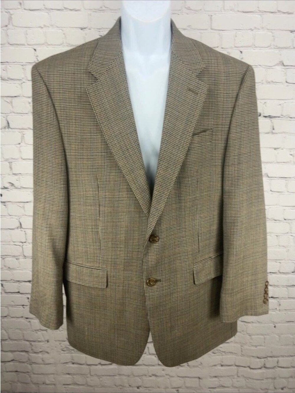 Lauren Ralph Lauren Tan Houndstooth 100% Wool 2 Button Blazer Sport Coat 43R